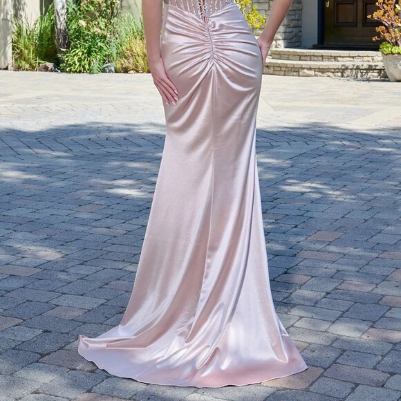 New Soft Satin Prom Gown w/ Rhinestones Embellishments & Gathered Wasit GL3798 - Picture 12 of 12